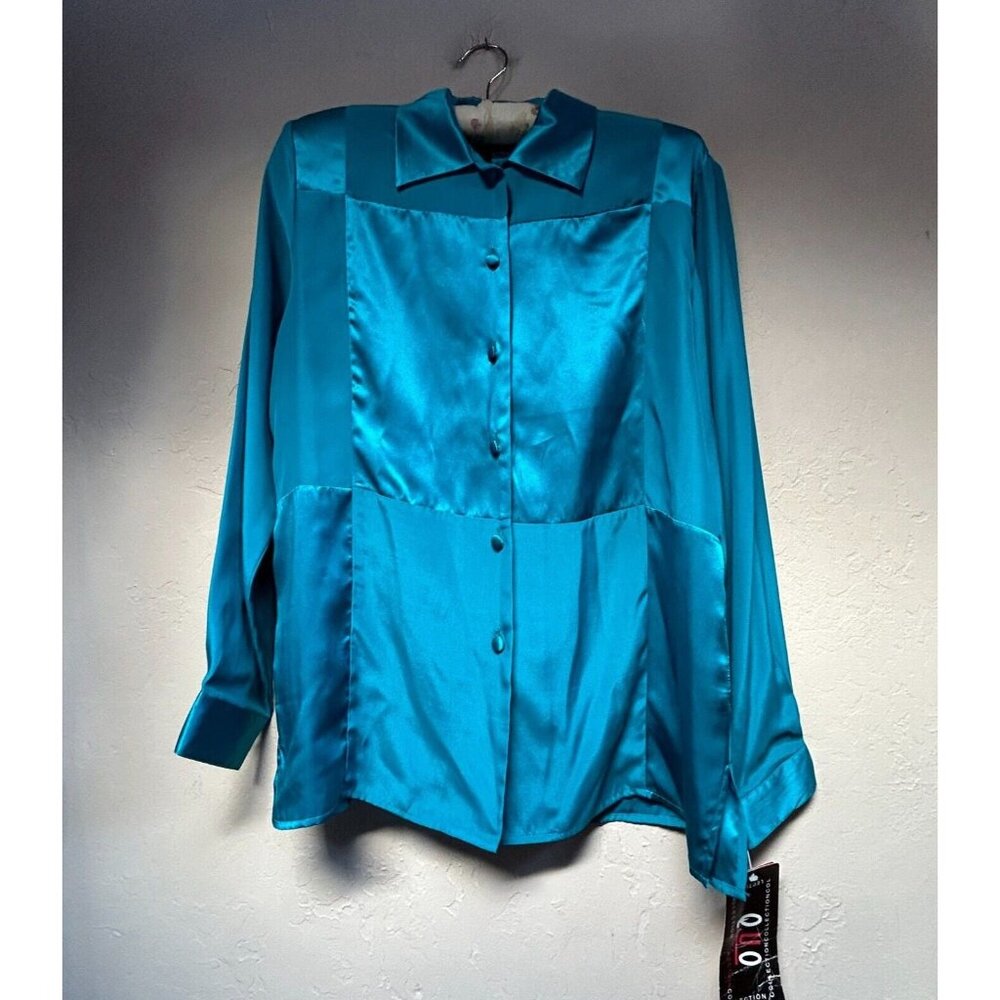 Quo-Silk Women's Ocean Teal Blue Size Small Button-Front Long Sleeve Shirt
